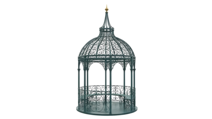 Isolated gazebo with intricate ironwork, a decorative shelter for outdoor seating and events