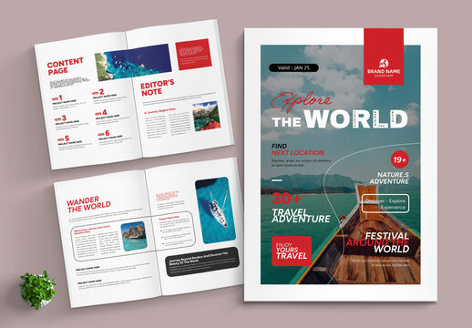 Travel Adventure Magazine Layout With Red Accents