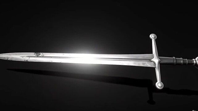 Silver medieval sword flying against a black background. Monochrome design emphasizing light and shadow, evoking themes of battle and warfare