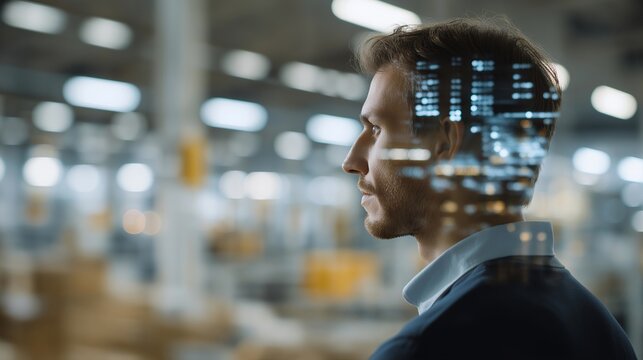 A warehouse manager silhouette double-exposed with conveyor belts, barcode grids, and data streams, illustrating logistics optimization and supply chain intelligence. cinematic color correction, - Powered by Adobe