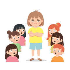 Young girl standing confidently among surprised children illustrating Bullying & Social Exclusion