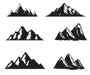 Set of black and white hand-drawn mountain range silhouette illustrations for outdoor adventure travel design.