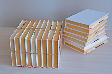 Stack of old book with blank cover for reading and education. Pile of literature for learning, knowledge, wisdom concept.