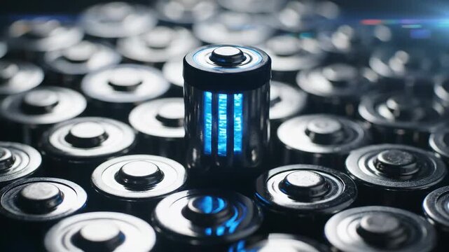 Stack of shiny silver batteries, one lit in blue, set against a dark backdrop, enhancing the concept of power and energy.