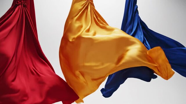 Extremely slow motion close-up of vibrant red, yellow, and blue silk fabric capes billowing dramatically and fluttering in a gentle wind against a pristine white void heroic, conceptual, cape