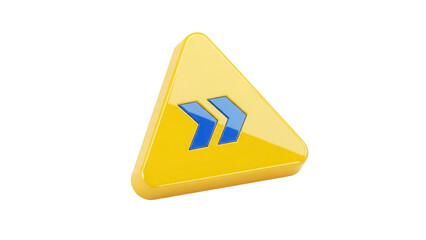 Isolated yellow triangle with blue double chevron, shiny 3D render, modern digital concept