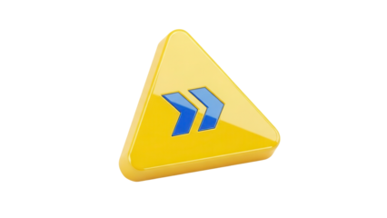 Isolated yellow triangle with blue double chevron, shiny 3D render, modern digital concept