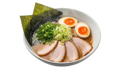 Isolated delicious ramen bowl featuring egg, chashu, nori, and scallions, close-up view