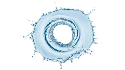 Swirling Blue Water Vortex and Circular Splash with Dynamic Droplets for Purity and Freshness Concept Isolated on a transparent background 