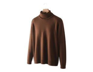  Men's Brown Knit Turtleneck Sweater on Wooden Hanger for Fall and Winter Fashion Apparel Collection Isolated on White
