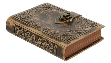 Fototapeta premium Isolated old journal with decorated leather cover and metal clasp, on plain backdrop