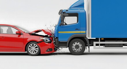 Fototapeta premium Car accident collision between a red car and blue truck on road, symbolizing traffic accident risk, road safety awareness, vehicle damage, insurance concept, transportation hazards, emergency response