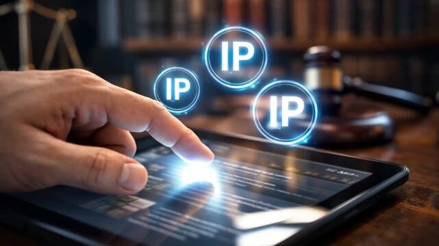 legal intellectual property trial concept. Digital tablet displaying IP information in a legal setting with a gavel.