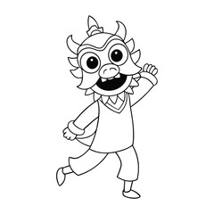 Obraz premium Fun dragon dance coloring page featuring a long swirling dragon, festive drums and lanterns, bold outlines and lively motion, perfect for kids and adults to color and celebrate tradition. 