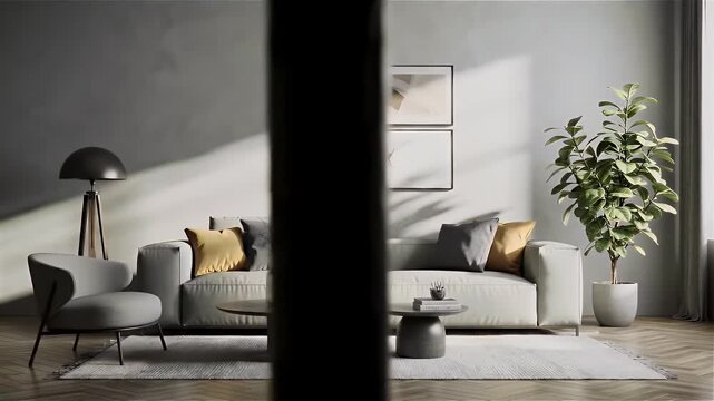 Modern Minimalist Living Room Interior with Sofa, Potted Plant, and Sunlight, Partial View