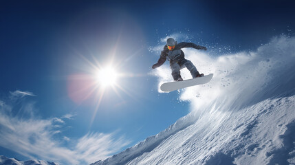 Snowboarder jumping off a powdery slope under bright sun and blue sky