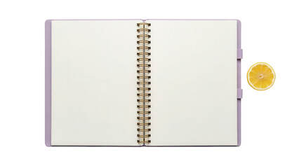 Isolated notebook with rings and blank paper pages for text plus lemon half in studio light