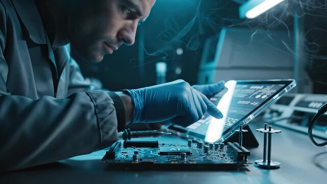 Technician repairs circuit board with tablet diagnostic tool. Engineer tests computer motherboard in laboratory. Technician works on electronic repair. Circuit board testing with tablet. Technology re