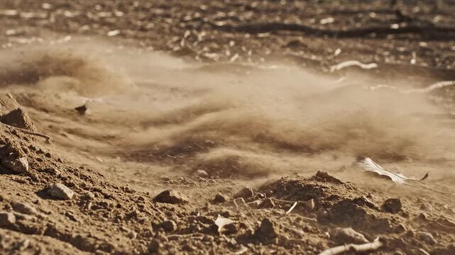 Extremely slow motion close-up shot of dry, brown topsoil and small fragments of debris being kicked up and swirling in the wind across the desolate clear-cut ground drought, natural elements, texture