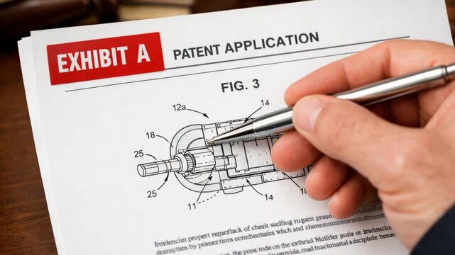 legal intellectual property trial concept. Patent application document with a hand holding a pen.