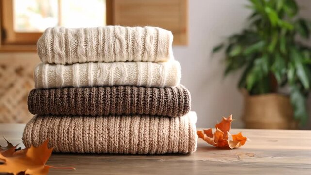 A stack of cozy knitted sweaters in warm, earthy tones, perfect for autumn.