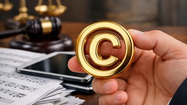 legal intellectual property trial concept. Hand holding a copyright symbol with legal documents and a gavel in the background.