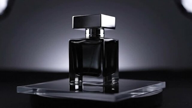Elegant perfume bottle on dark surface