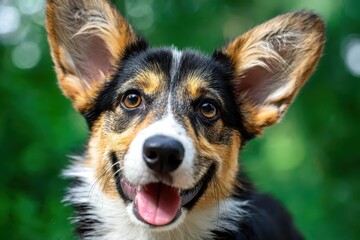 Joyful welsh corgi with perked ears enjoying a bright day in a green garden with blurred greenery in the background