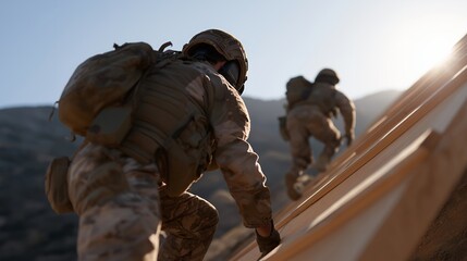 Tactical training obstacle course with operators climbing walls and navigating barriers, demonstrating physical conditioning, endurance, and agility. cinematic color correction, natural uneven