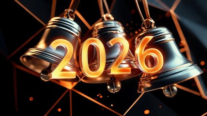 Three metallic bells with the year 2026 glowing in gold hang against a geometric dark background with orange accents