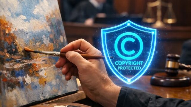 legal intellectual property trial concept. Artist painting with copyright symbol in a courtroom environment.