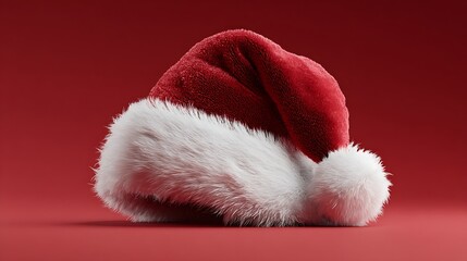Realistic close up of a soft, fuzzy santa hat resting on a deep red festive holiday background