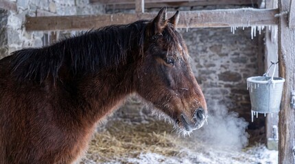 Horse with frost on muzzle standing in stable, depicting winter conditions and the beauty of equine life. Ideal for themes related to winter, animals, or rural lifestyles.