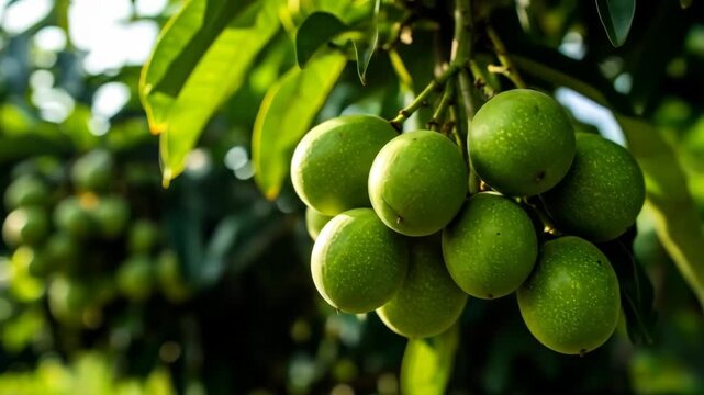 Unripe green nuts hang from a tree branch surrounded by lush green leaves.