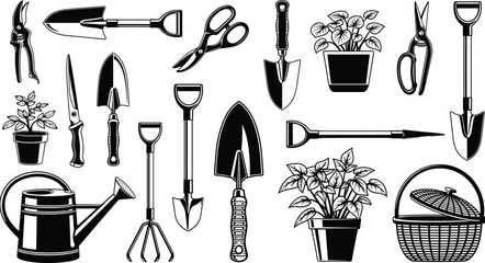 Black garden tools silhouettes set, gardening equipment icons collection, shovel pruner scissors watering can plants isolated vector illustration white background © MDTAHMID