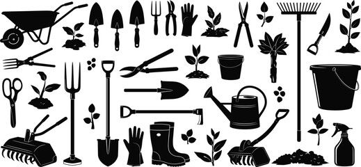Black gardening tool icon set with wheelbarrow shovel rake watering can pruning equipment silhouettes vector collection for web print design © MDTAHMID