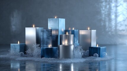 Arrangement of glowing metallic and blue pillar candles set amidst delicate snow and ice decorations