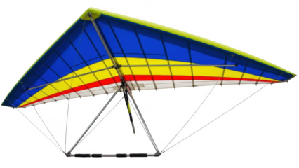 Blue yellow and red striped hang glider wing with metal frame and black background aircraft aviation