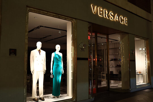 Beverly Hills, California &ndash; November 30, 2025: VERSACE luxury fashion store by night on Rodeo Drive, Beverly Hills