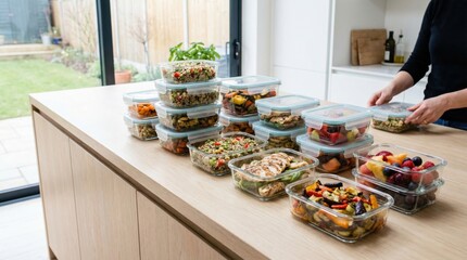 Modern Healthy Meal Prep with Glass Containers on Kitchen Table