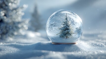 Captivating close up of a miniature snowy evergreen tree inside a sparkling glass snow globe resting on winter frost