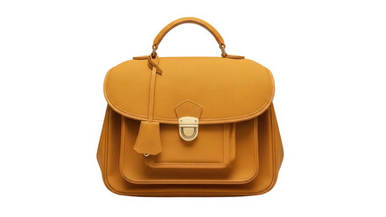 Isolated yellow leather handbag with handle and golden clasp, elegant woman's accessory