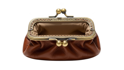 Brown leather coin purse with ornate antique brass clasp and frame clutch wallet