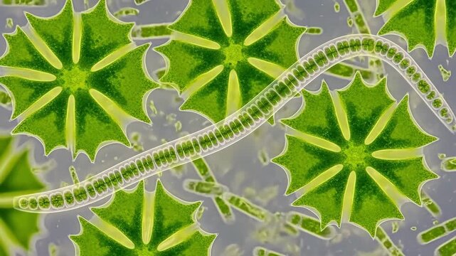 Microscopic view of Micrasterias green algae and filamentous bacteria moving in pond water sample