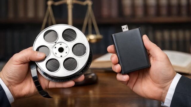 legal intellectual property trial concept. Film reel and USB drive symbolizing the evolution of media and technology.
