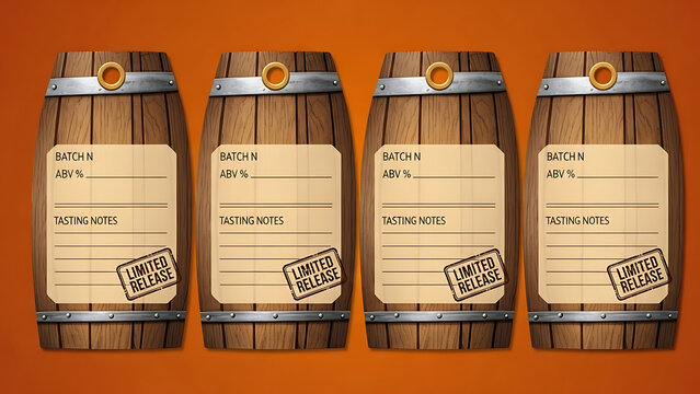 Craft Brewery and Microbrew Bottle Price Tag Template with Barrel Stave Shape, Wood Grain Texture, and Batch Information