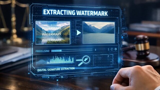 legal intellectual property trial concept. Futuristic technology analyzing watermarks on a digital interface.