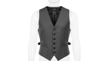 Charcoal gray formal vest with black buttons and adjustable back strap displayed on a mannequin waistcoat