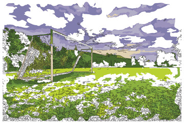 Sketch-style impressionnist painting,Football goals on countryside field,Digital illustration vector image   © Saravuth