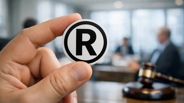 legal intellectual property trial concept. Hand holding a registered trademark symbol in a business setting.